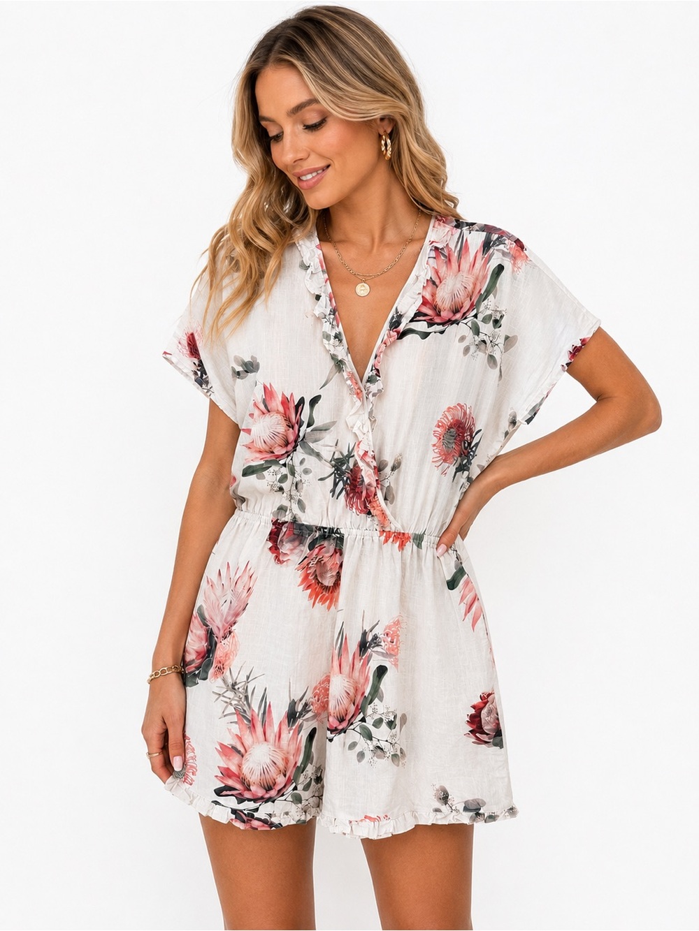 Industry 100% Cotton Floral Romper Womens Large White Pink Ruffle Boho Shorts